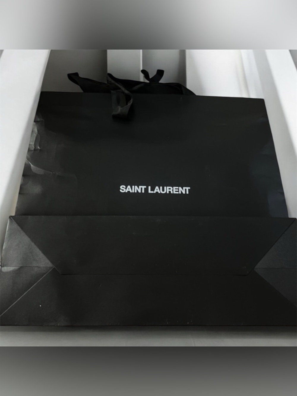 Saint Laurent Black Paper Shopping Bag with White Logo